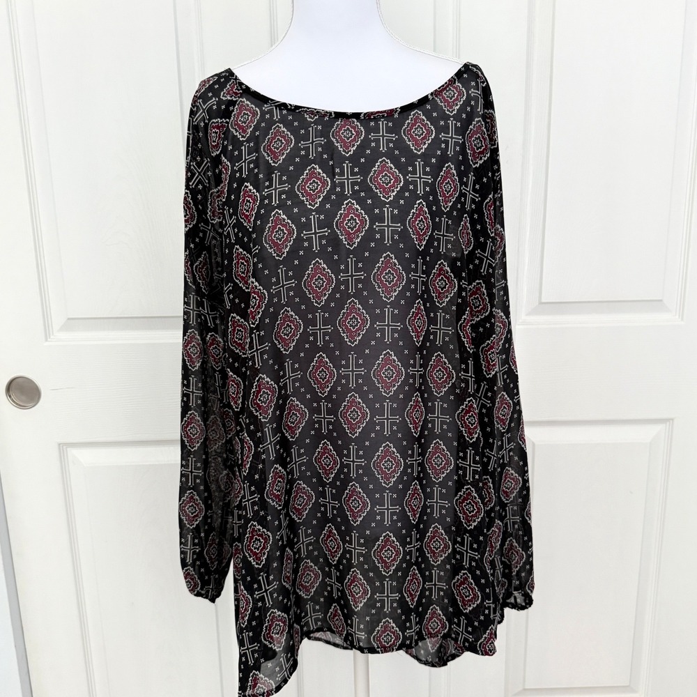 Maurices Tunic Top Womens L Black Burgundy Cross Medallion Sheer Strappy Back - Picture 1 of 7